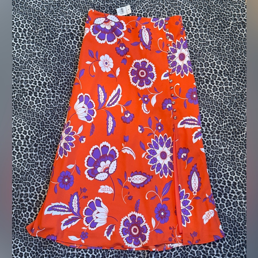 Ann Taylor Floral Button Slit Midi Slip Skirt Orange XS NWT - Picture 4 of 10